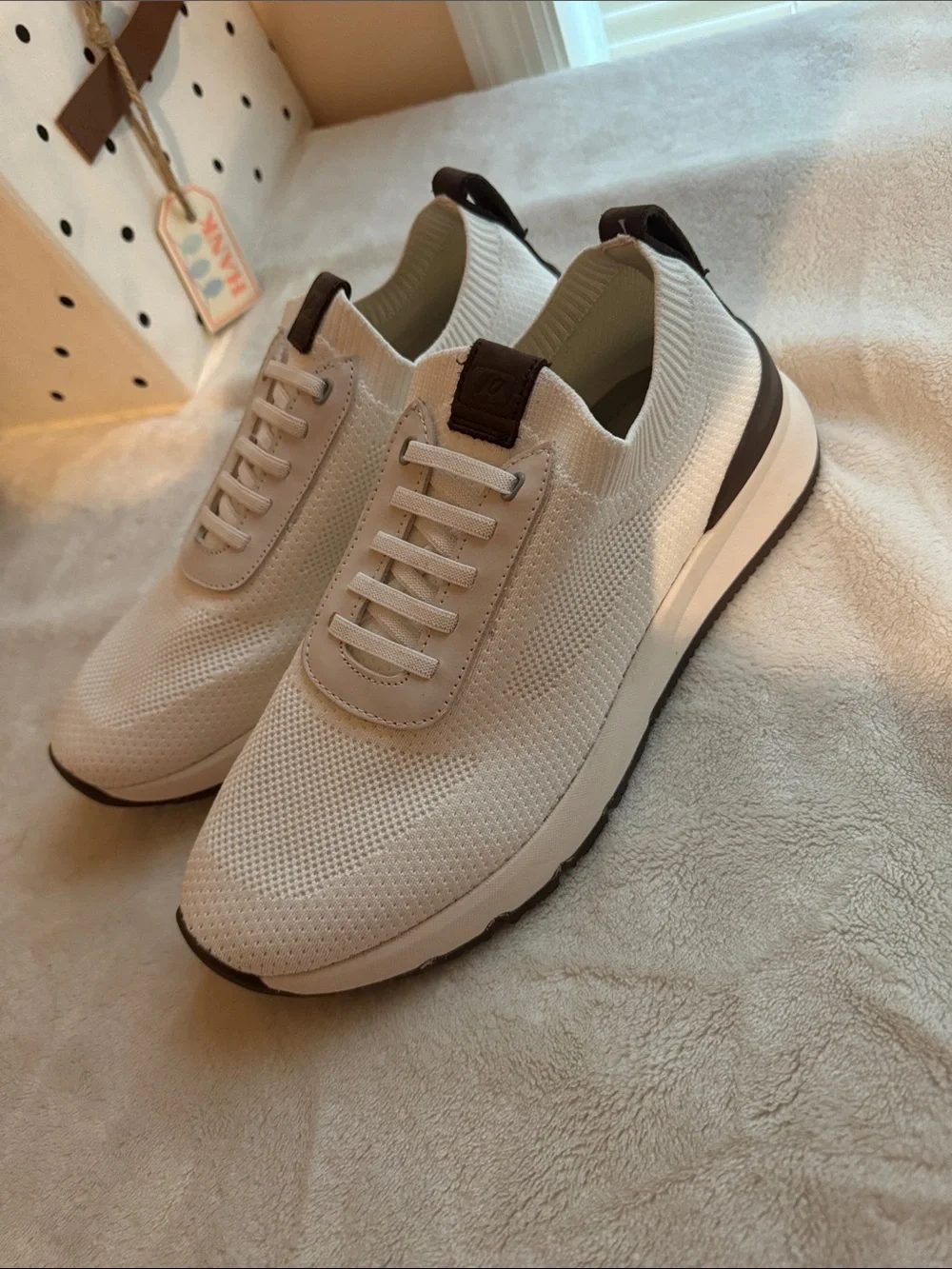 johnnie-O Cream Knit Sneakers with Brown Accents